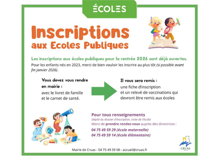 Rentrée 2026 : Ouverture des inscriptions aux écoles publiques de Cruas