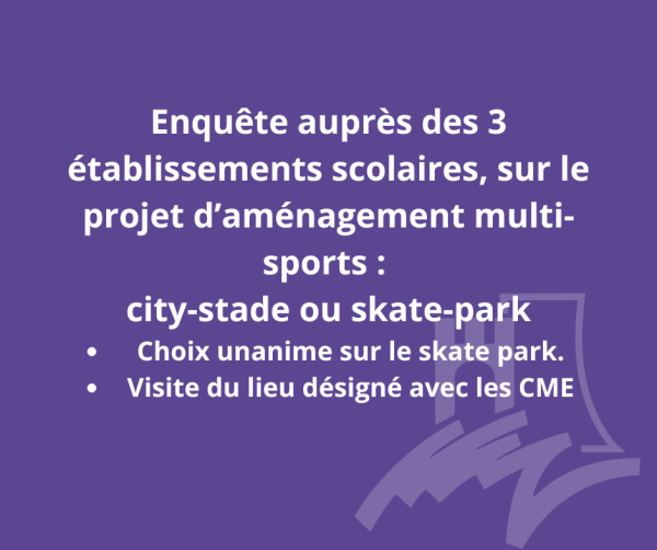 Enquête auprès des 3 établissements scolaires, sur le projet d’aménagement multi-sports : city-stade ou skate-park : Choix unanime sur le skate park + Visite du lieu désigné avec les CME